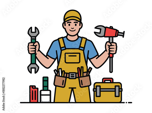 A cartoon illustration of a smiling handyman wearing yellow overalls and holding tools.