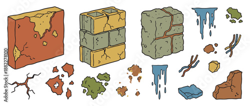Set of cartoon doodle illustrations depicting various forms of urban decay, including cracked concrete blocks, peeling plaster walls, water leaks, mold, and exposed wires