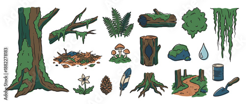 Collection of hand-drawn forest elements including a mossy tree, log, mushroom, fern, and pinecone in a cartoon vector illustration style for nature and camping themes