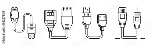 Essential data and multimedia cable connectors line art icon set for tech