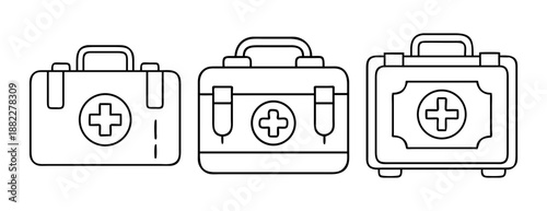 Set of three outline first aid kits illustrating medical emergency concept
