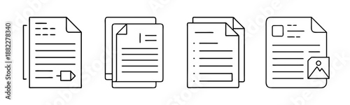 Outline document icons set: paper, file, data, report, content, pages, office