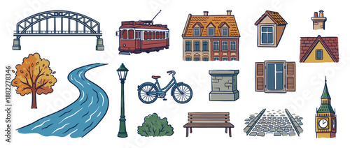 Charming collection of hand-drawn city life illustrations featuring a vintage tram, an arch bridge, European architecture, and a bicycle in a colorful doodle style