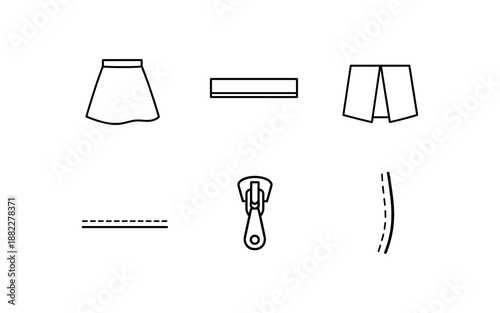 Set of sewing icons representing garment construction elements like skirts and zippers