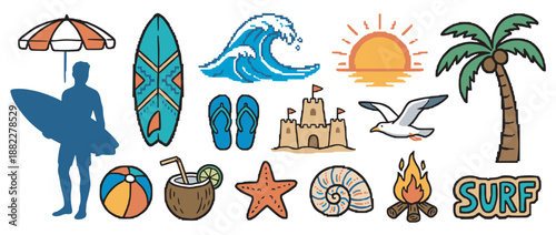 Collection of colorful summer vacation icons including a surfer, surfboard, palm tree, pixel wave, and sandcastle, presented in a mixed hand-drawn doodle and cartoon style