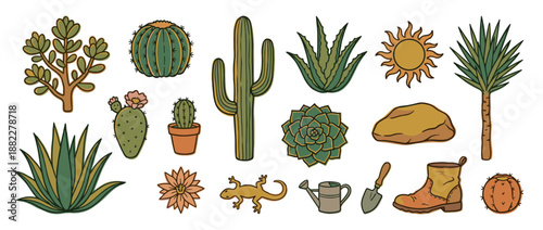 Set of desert-themed cartoon illustrations featuring various cacti, succulents, a sun, lizard, and gardening tools with a hand-drawn, rustic aesthetic