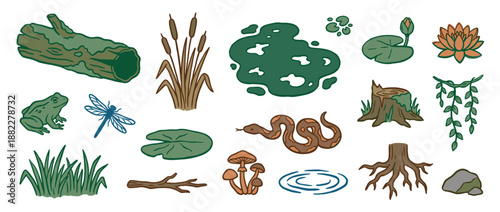 Set of hand-drawn pond life illustrations featuring a frog, snake, dragonfly, water lily, cattails, and other swamp ecosystem elements in a simple cartoon doodle style