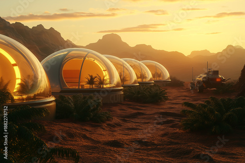 Modern habitat domes shine in a Martian sunset landscape