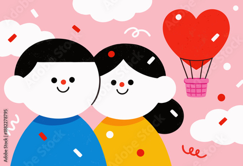 cute illustration of a couple with balloon on a pink background with clouds and confetti