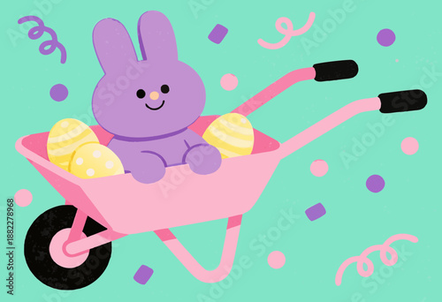 cute purple bunny in wheelbarrow with easter eggs against teal background with confetti