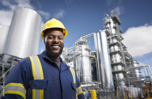 Wallpaper Mural Confident industrial worker wearing safety helmet smiling at modern refinery facility with metal tanks pipelines and clear sky Torontodigital.ca