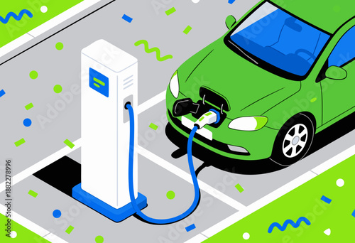 green electric car charging at station in colorful urban parking lot illustration
