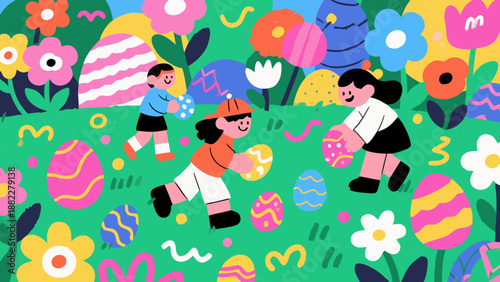 cheerful children collecting colorful easter eggs in vibrant spring garden illustration