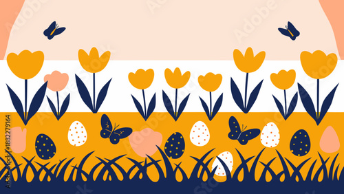 spring floral illustration with tulips butterflies and colorful easter eggs in vibrant shades