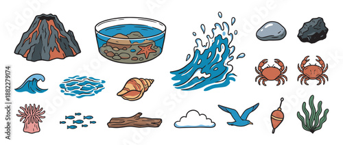 Collection of colorful hand-drawn nature icons featuring a volcano, sea life, ocean waves, crabs, and a starfish in a bowl, rendered in a charming cartoon doodle style