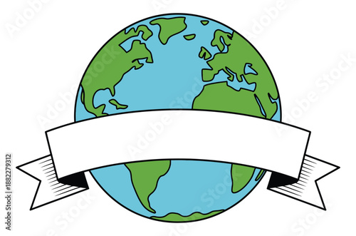 A cartoon illustration of the Earth with a blank white banner wrapped around it