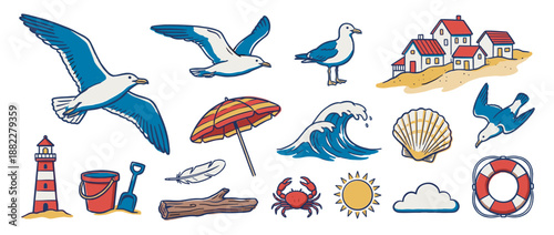 Charming set of nautical beach-themed illustrations with a seagull, lighthouse, crab, and lifebuoy in a colorful hand-drawn vintage doodle style