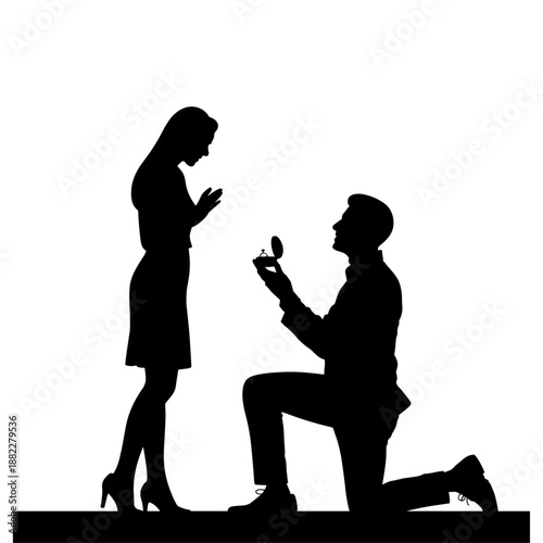 Black silhouette of a man proposing to a woman on one knee for engagement marriage or romantic valentine's day design