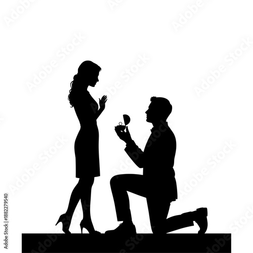 Black silhouette of a man proposing to a woman on one knee for engagement marriage or romantic valentine's day design