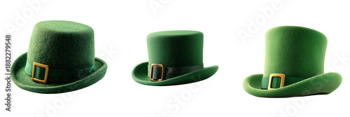 Set of Green felt leprechaun hat with black band and gold buckle on white backdrop, studio lighting on transparent png background. Ai generated
