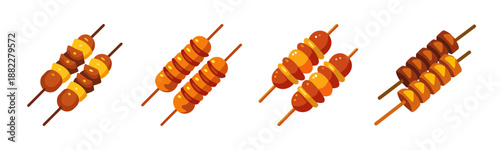 Flat design illustration of various grilled food skewers for summer