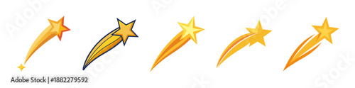 Golden shooting stars vector set, meteor light trails graphic collection