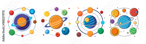 Astronomy illustration set of colorful planets with orbital paths