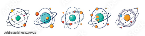 Stylized atoms and planets, science, technology, physics, education