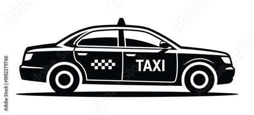 A black and white illustration of a taxi cab on a plain background