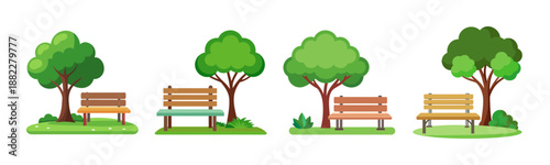 Park benches under green trees vector illustration set on white background