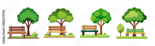 Collection of park benches and trees flat vector illustration on white