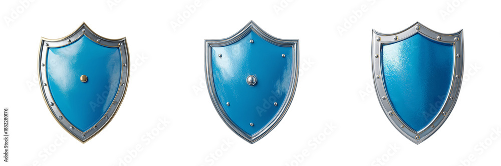 Fototapeta premium Set of Modern 3D blue shield emblem, symbol of protection on transparent png background. Ai generated