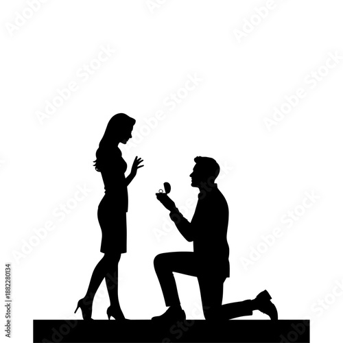 Black silhouette of a man proposing to a woman on one knee for engagement marriage or romantic valentine's day design
