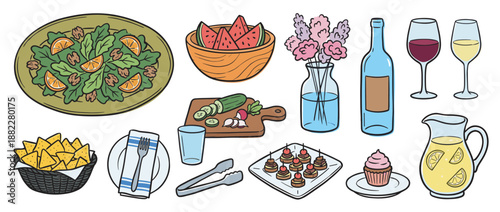 Collection of hand-drawn food and drink illustrations for a party, including salad, wine, lemonade, appetizers, and dessert in a colorful doodle cartoon style