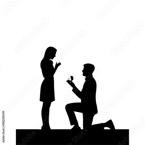 Black silhouette of a man proposing to a woman on one knee for engagement marriage or romantic valentine's day design