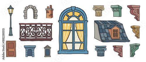 Set of hand-drawn architectural elements including a window, balcony, roof, and lamp in a charming cartoon style, showcasing classic European building details for design projects