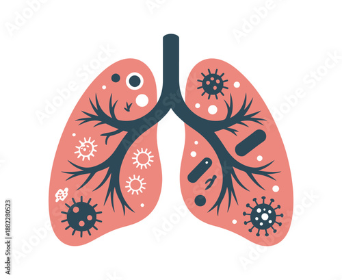 An illustration of lungs with various germs and viruses, representing respiratory health and disease.