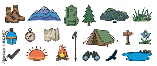 Set of hand-drawn hiking and camping icons featuring a backpack, tent, boots, map, and compass for outdoor adventure themes, illustrated in a colorful doodle cartoon style