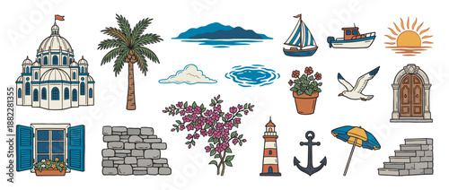 Large set of colorful hand-drawn illustrations with a Mediterranean seaside theme, featuring a domed building, boats, palm tree, lighthouse, flowers, and other summer vacation elements