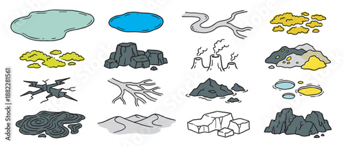 Collection of hand-drawn doodle icons showing natural resources, geological formations, and environmental elements like rocks, water, pollution, mountains, and deserts in a simple cartoon style