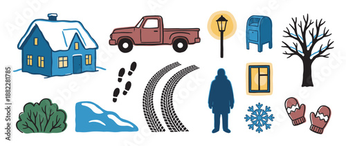 Collection of hand-drawn winter themed icons showing a snowy house, pickup truck, bare tree, tire tracks, and mittens in a simple, cozy cartoon style