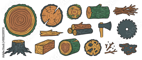 Collection of hand-drawn wood illustrations including logs, a tree stump, an axe, a saw blade, and tree rings, all depicted in a simple cartoon doodle style for design elements