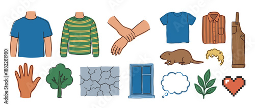 Diverse collection of hand-drawn doodle illustrations featuring clothing, nature elements, animals, and symbols in a simple, colorful, and whimsical cartoon style for creative projects