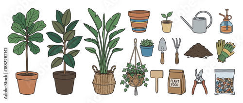 Set of hand-drawn gardening illustrations featuring houseplants, pots, tools, and supplies for indoor planting and plant care in a charming doodle style