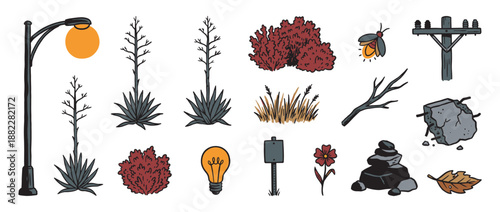 Hand-drawn collection of nature and urban elements including a lamppost, plants, firefly, and utility pole in a rustic, illustrative cartoon style for various design projects