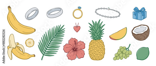 Charming hand-drawn set of tropical wedding icons including fruits, jewelry, and flowers in a cute doodle style illustration for summer vacation or destination ceremony themes