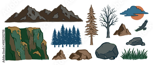 Set of hand-drawn outdoor adventure elements featuring a mountain range, pine forest, cliff, rocks, flying eagle, and sun with clouds in a rustic, illustrative style
