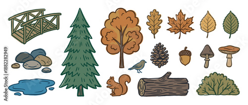 Collection of rustic autumn forest illustrations featuring a squirrel, bird, pinecone, mushrooms, trees, and a wooden bridge in a cozy, hand-drawn cartoon style