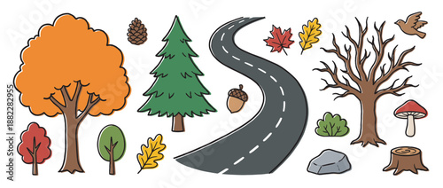 Collection of hand-drawn autumn forest elements including colorful trees, a winding road, leaves, a pinecone, an acorn, and a mushroom in a cute cartoon doodle style