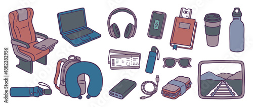Collection of illustrated travel items for a comfortable train journey, showing a passenger seat, backpack, laptop, headphones, and other personal belongings